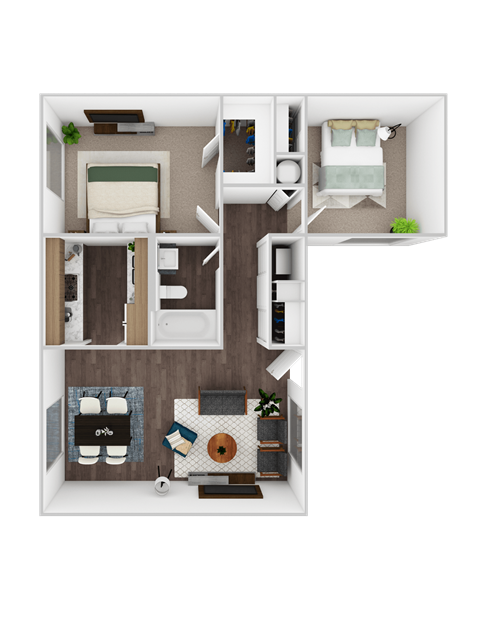 Floor plan for 2 beds, 1 bath, 766 sqft